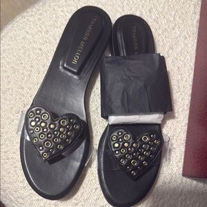Tamara Mellon Black and Gold Sandals with Heart Design